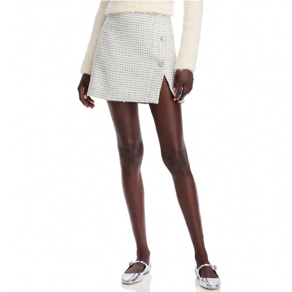 French Connection Slit Tweed Mini Skirt Light Blue Multi Rhinestone 0 73XNM